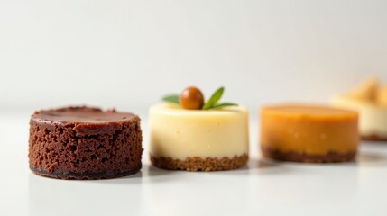 A delectable trio of miniature cheesecakes, each showcasing unique flavors and textures, sits elegantly on a pristine white surface, ready to be savored.