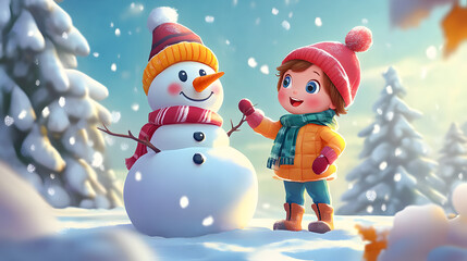 Fototapeta premium cartoon character cute Children Building a Snowman illustration