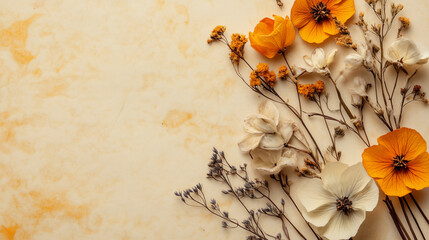 grunge flowers on old paper texture for background, free space for text