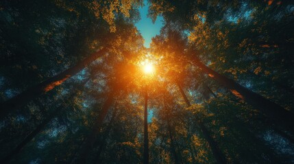 Sunlight filtering through towering trees in a dense forest