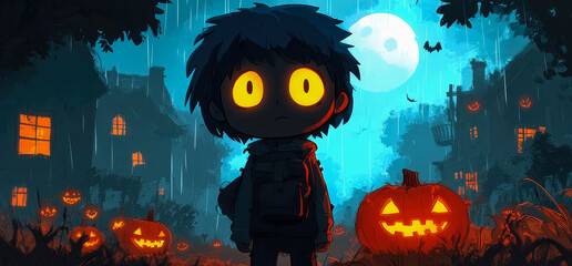 Halloween night spooky kid with glowing eyes in a haunted town, for holiday postcard