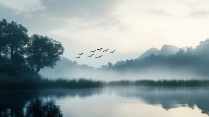 Fototapeta premium a flock of birds flying over a lake