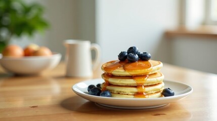 Delicious Pancakes Topped with Sweet Syrup and Fresh Berries on a Wooden Table