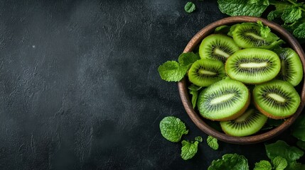 A carefully arranged bowl of sliced kiwis set against a dark background, accentuated with mint leaves, representing freshness and healthy snacking options.