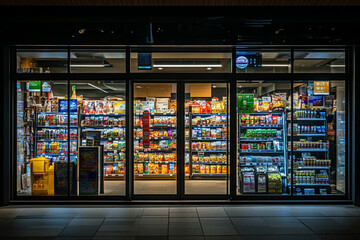 Well lit convenience store night view stocked shelves products shop food snack sales goods aisle