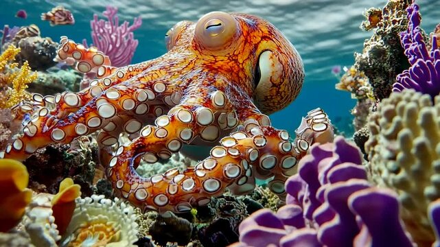 Underwater spectacle: Majestic octopus explores vibrant coral reef ecosystem, wildlife ocean