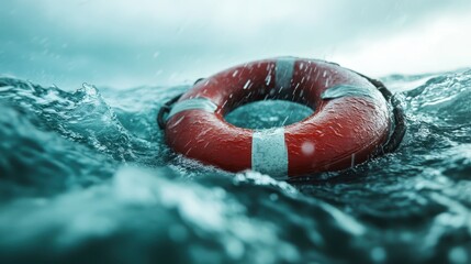 A vivid life saver ring floats amid turbulent ocean waves, symbolizing safety and hope in perilous situations, evoking emotions of anxiety and tranquility simultaneously.
