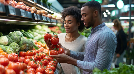 Happy couple selecting fresh red tomatoes at grocery store man food diet woman market choice retail