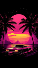 Retro sunset drive through the tropics with convertible car scene