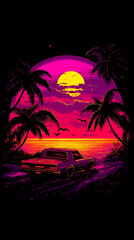 Retro wave car meets neon beach sunset, a nostalgic summer vibe