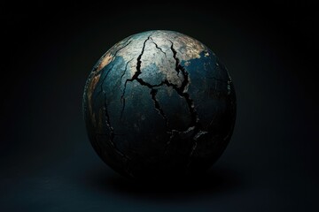 Ruined, cracked globe symbolizing environmental and societal decay.