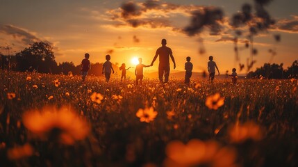 A group of four children interact with an adult man on a grassy field, basking in warm sunlight.