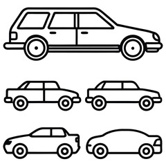 Set of car icons and vehicles including trucks, vans, buses, taxis, and sedans in a variety of silhouettes and designs, representing transportation and travel