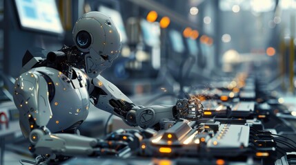 Fototapeta premium Modern factory humanoid robot repairing sleek photorealistic design