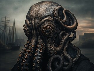 Obraz premium Ancient sea monster, humanoid octopus, sinister,scary creature. Regular of nightmares, Cthulhu concept.