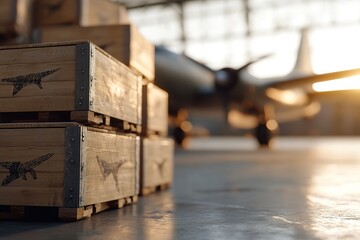Inside a retro airplane hangar, wooden crates stamped with old airline logos are stacked beside a vintage cargo plane. The warm golden-hour light enhances the nostalgic atmosphere