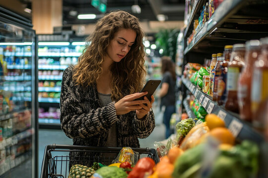 Young woman uses smartphone shopping grocery store aisles app food girl fresh mobile retail market