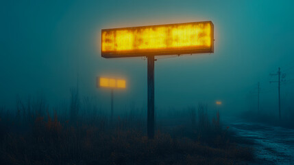Mysterious Fog: Illuminated Signs Along A Rural Road, evoking an atmosphere of the twilight zone