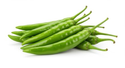 Fresh Green Chilies with Stems Isolated on White