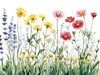Watercolor painting of a variety of colorful garden flowers in bloom, including zinnias, marigolds, and bluebells.