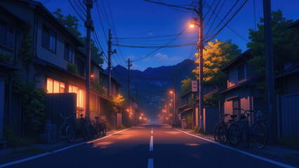Fototapeta premium anime wallpaper illustration, Tranquil Suburban Street at Dusk with Warm House Lights and Street Lamps..