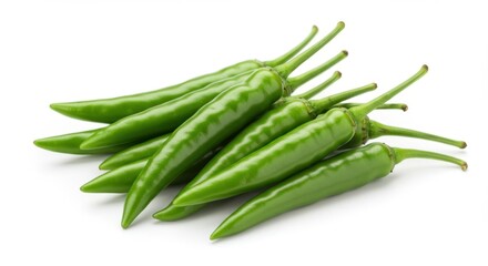Fototapeta premium Fresh Green Chili Peppers with Stems on White Background