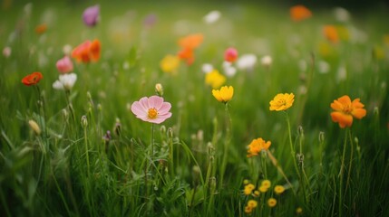 Fototapeta premium A vibrant collection of flowers growing in a natural field.