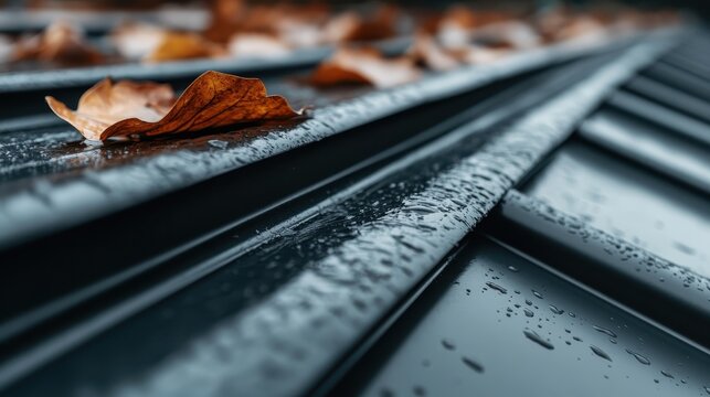 A captivating image of autumn leaves resting on wet roof tiles, embodying the essence of fall and the beauty of seasonal change in an artistic way.
