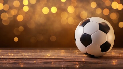 A close-up of a classic black and white soccer ball on a wooden surface, illuminated by a warm, bokeh background, Ideal for sports marketing, team promotions, or event announcements,