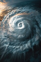 Turbulent hurricane over a body of water, with waves and dark clouds.