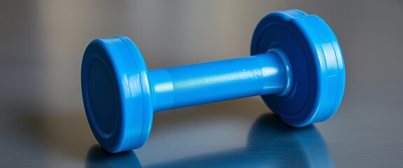 A vibrant blue dumbbell rests on a reflective surface, showcasing its smooth, cylindrical design and ergonomic handle for comfortable grip during fitness exercises.