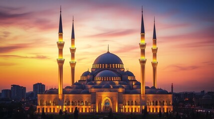 Obraz premium Illuminated mosque during sunset