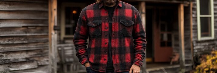 Fototapeta premium Autumnal Lumberjack: Red and Black Buffalo Plaid Shirt in a Rustic Cabin Setting