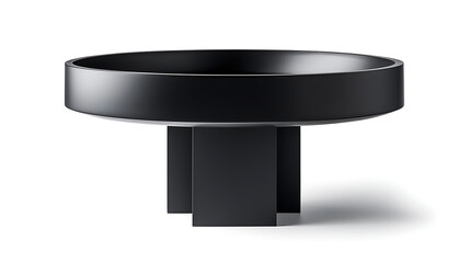 A black table with a black bowl on top of it