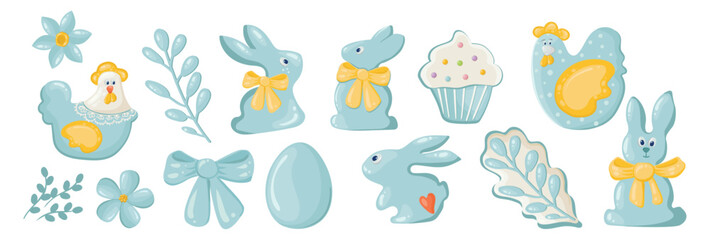 Happy Easter. Set of lovely blue Easter elements from eggs, bunnies, chickens, flowers, twigs, cakes and bows. Vector Easter holiday set for designing a card and invitation to a traditional holiday.