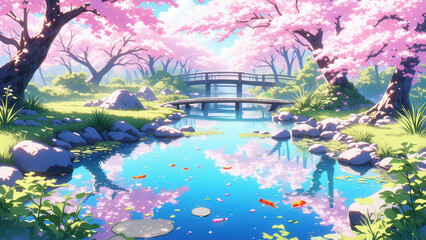 anime wallpaper illustration background, Tranquil Japanese Garden with Cherry Blossoms and Koi Pond.