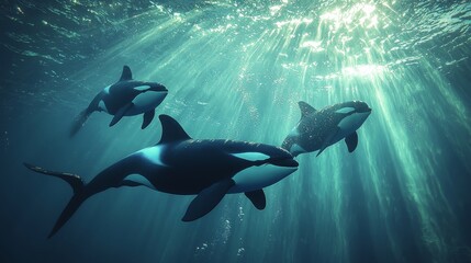Fototapeta premium Orcas Swimming Gracefully Underwater in the Ocean
