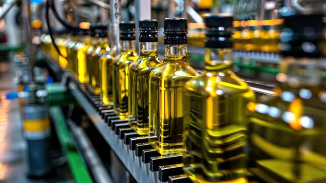 Bottles of olive oil move along a production line in a processing facility, showcasing the bottling and packaging process