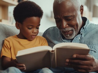 A tender scene depicting a grandfather reading to his grandson, showcasing the value of intergenerational learning and bonding.