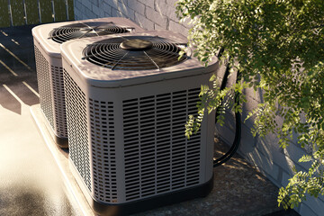 air conditioner near the new house fan air outside cool. Outdoor air conditioning and heat pump...