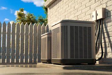 Two outdoor air conditioning units installed against a brick wall, connected with cables, next to a...