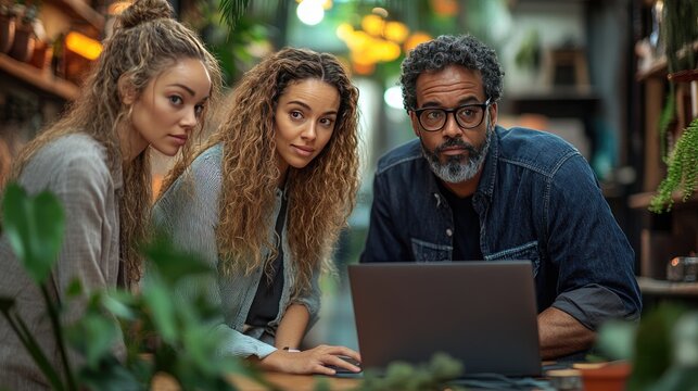 A group of three individuals stands around a kitchen island, engaged in discussion.