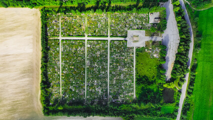 aerial square shape art country side land landscaped place of cemetery summer scenic top view drone...