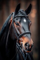 A close-up shot of a beautiful horse adorned with a bridle, showcasing its expressive eyes and glossy coat, Ideal for equestrian-themed projects, advertisements, or animal care articles,