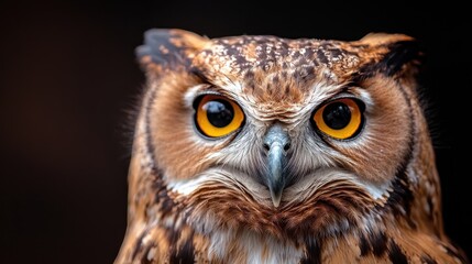 Fototapeta premium This striking image captures the fierce gaze of a beautifully detailed owl, showcasing its vibrant golden eyes and intricate feather patterns in stunning clarity.