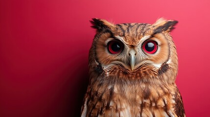 A striking portrait of a majestic owl set against a bold red background, emphasizing its fierce gaze and beauty, evoking a sense of curiosity and wonder.