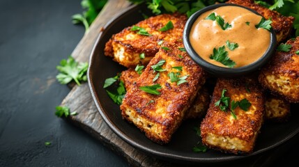 An appetizing bowl of golden fried tofu bites garnished with fresh herbs, accompanied by a creamy dipping sauce on a rustic wooden surface.