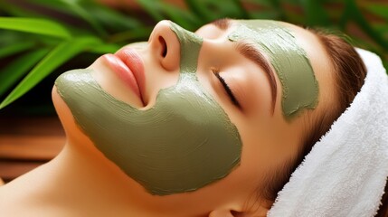 A woman enjoys a relaxing spa treatment with a green facial mask, surrounded by lush greenery, Ideal for wellness, beauty, skincare, or spa-related content, promoting self-care and relaxation,