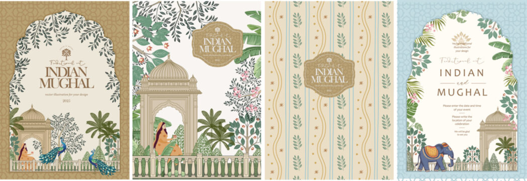 Mughal Pichwai Garden.Vector illustration of temple, pillar arch, tropical plant, peacock, elephant, flower frame, border for greeting card, flyer, poster or background. Indian Wedding Invitation.