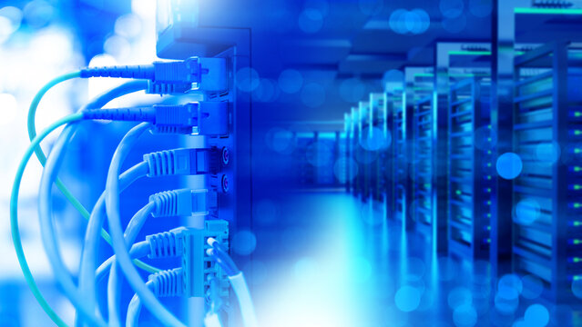 Network equipment. Wires connect equipment. Network hardware. Equipment for system administrator. Structured cabling systems. Network switch close up. Data storage and transmission. Server router